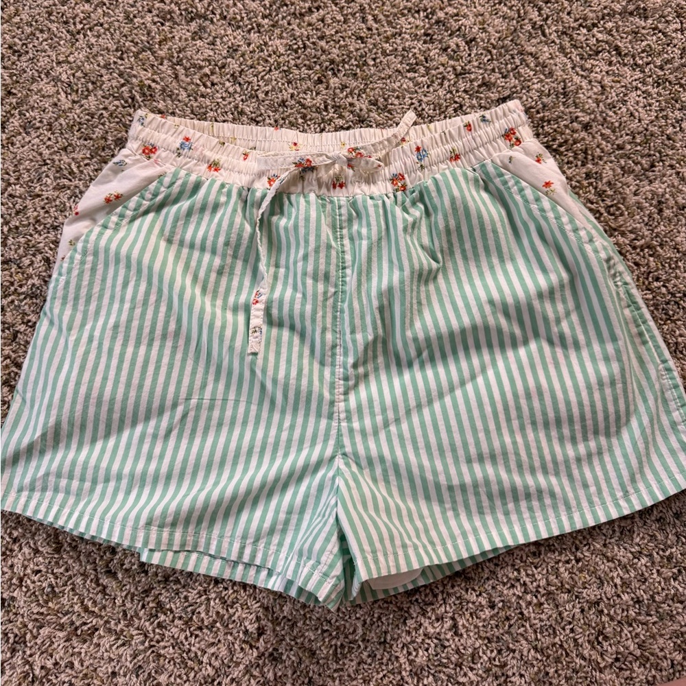 American Eagle Mint Striped Women's Shorts with Floral Details